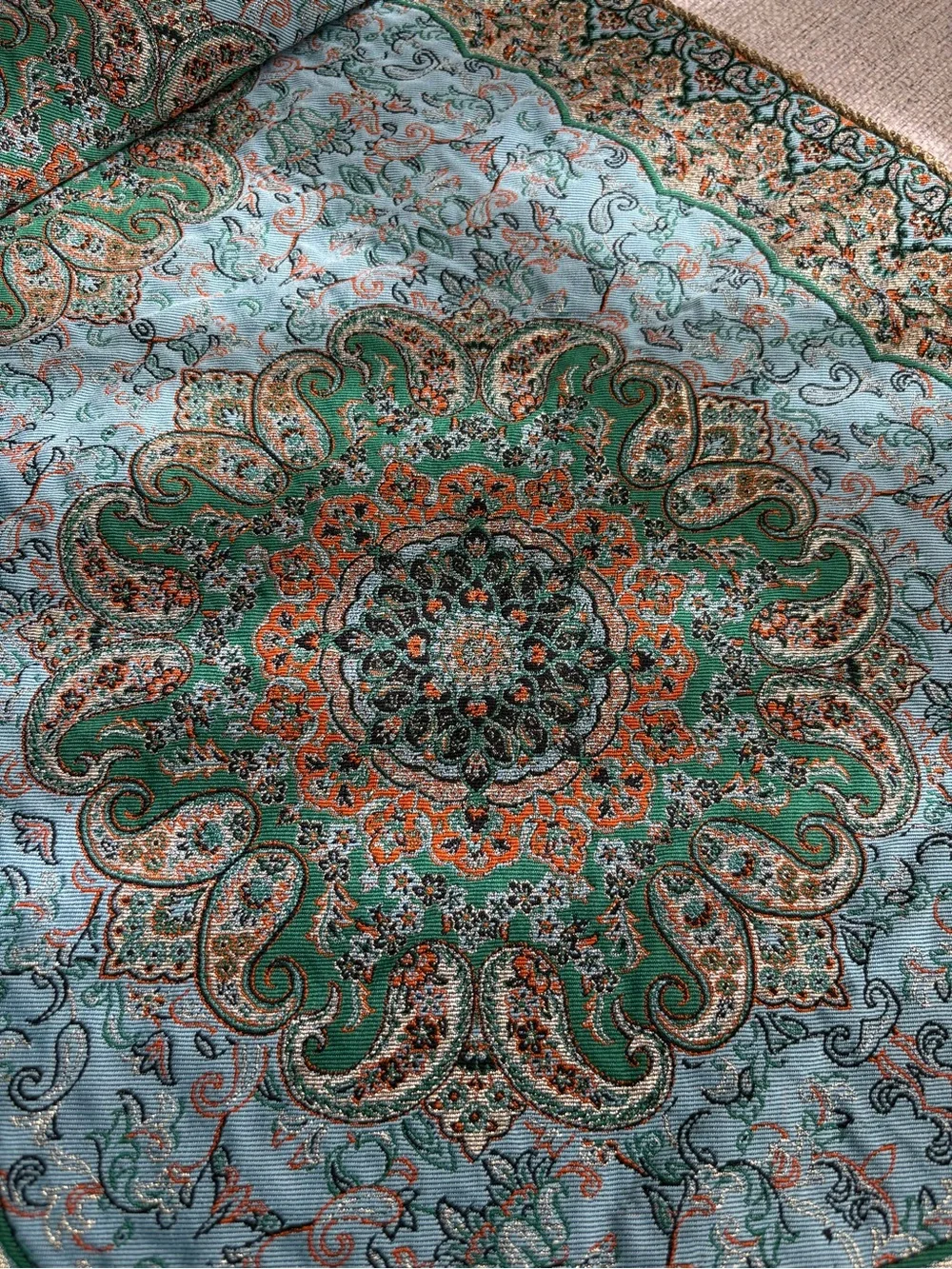 Fine Textile Woven Turquoise, Gold, and Green Decorative Table Runner